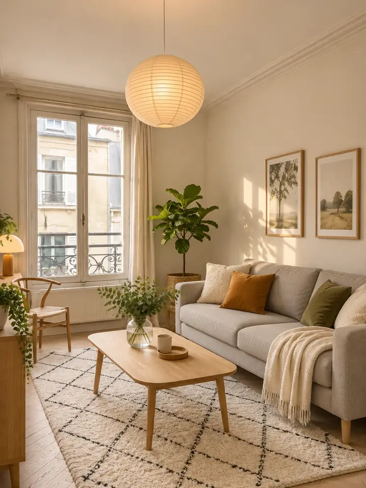 Exemple : la même pièce en style scandinave : canapé clair, suspension en papier, tapis berbère