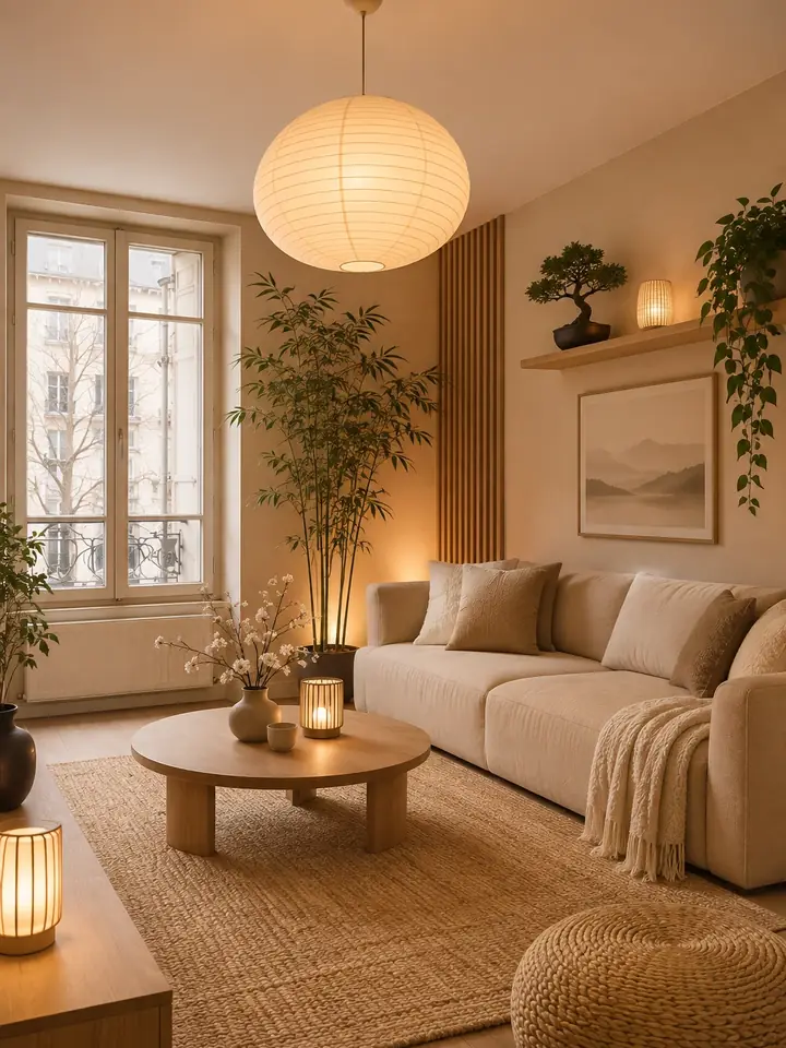 Exemple : la même pièce en style japandi : bois clair, tons beiges, plantes