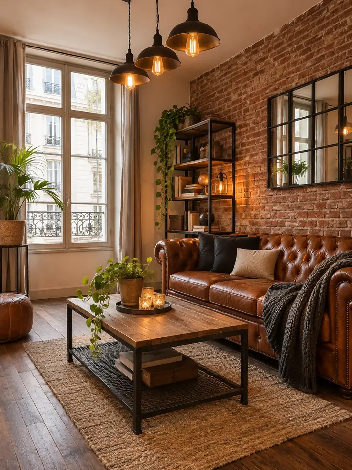 Exemple : la même pièce en style industriel : mur de briques, canapé en cuir, suspensions en métal